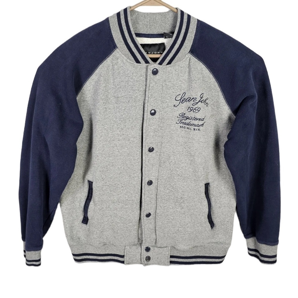 New Sean John Varsity Bomber Jacket 2XL Gray Navy Embroidered Spellout Snap Y2K